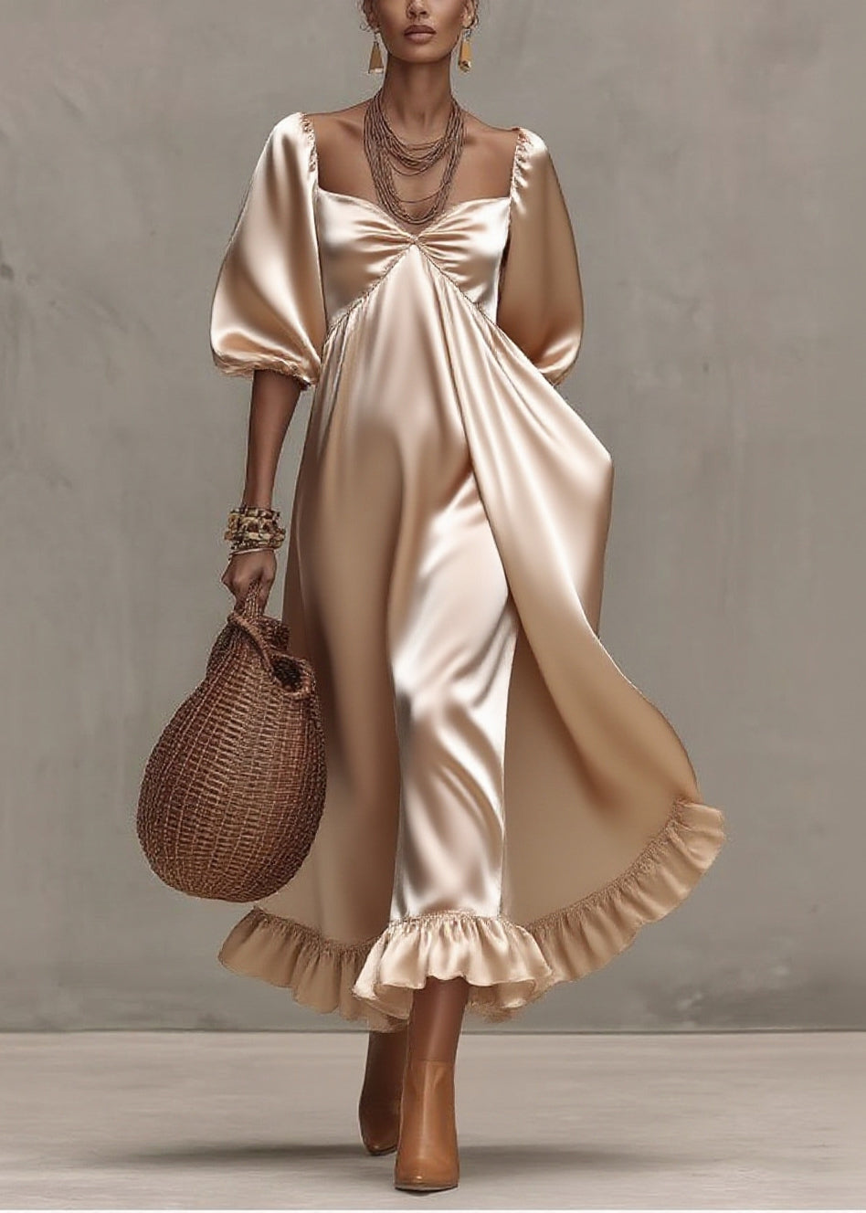 Satin Deep V-Neck Puff Sleeve Empire Waist Draped Ruffle Hem Midi Dress