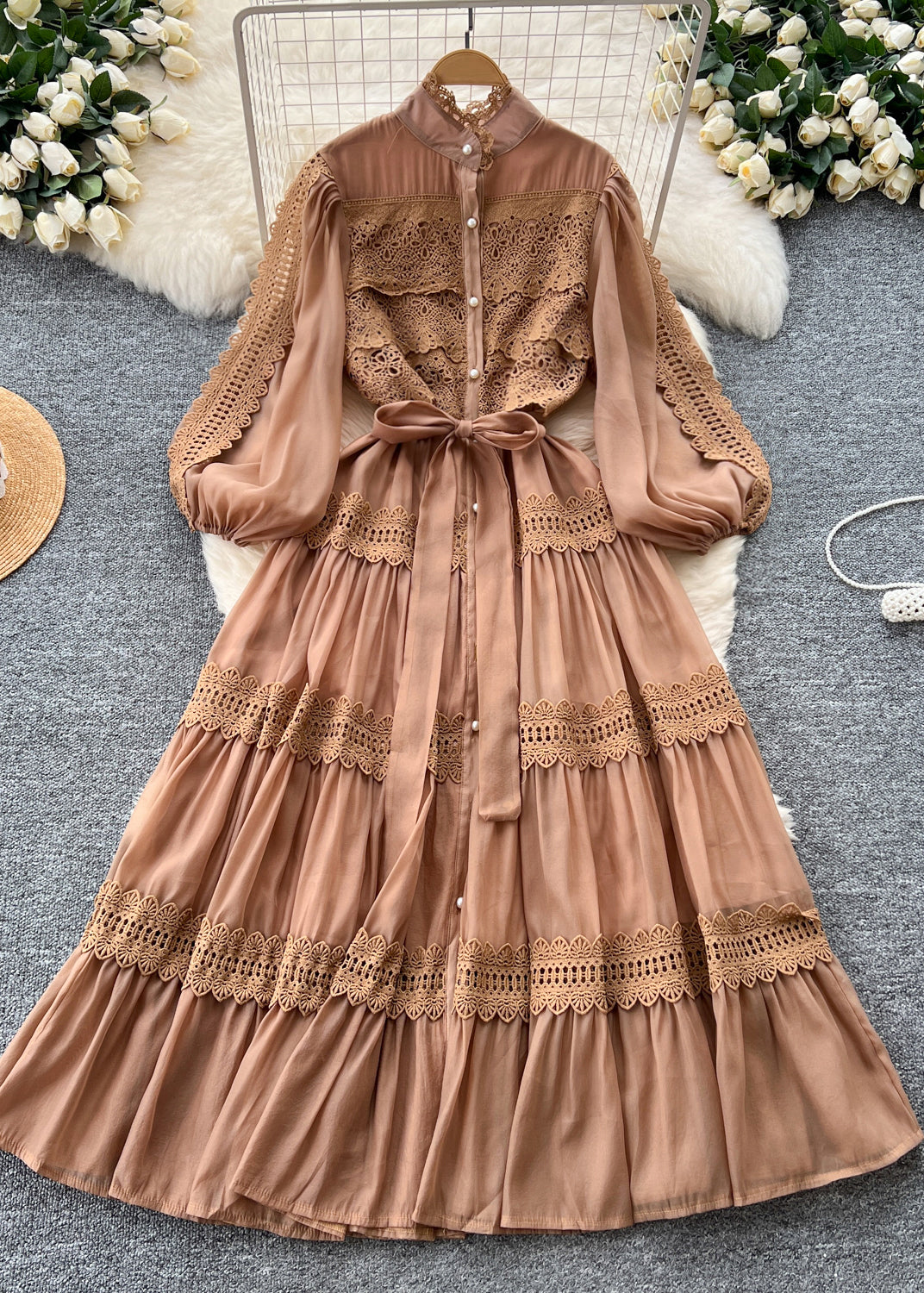 Chiffon Mock Neck Button Down Puff Sleeve Lace Tiered Tie Waist Maxi Dress