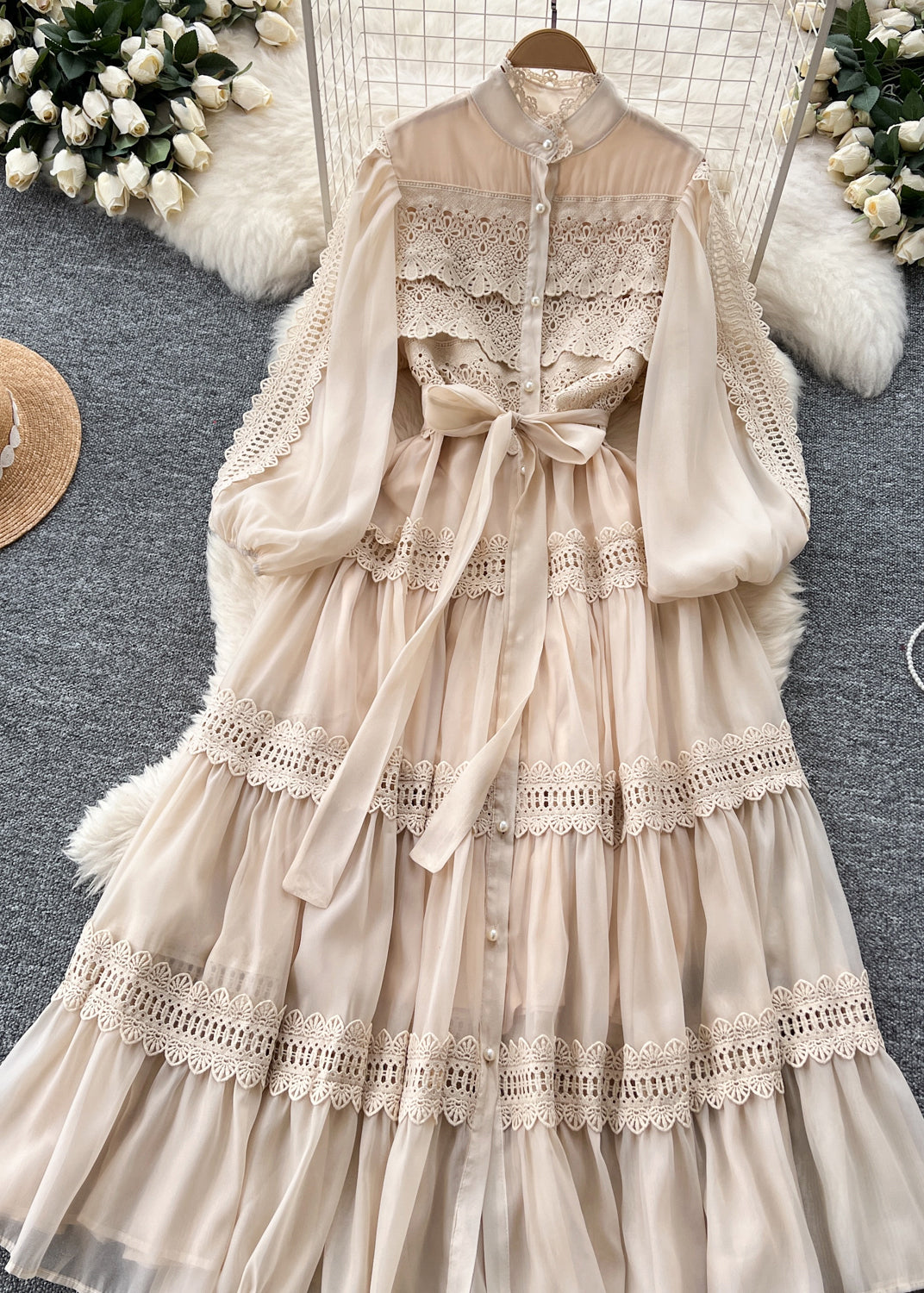 Chiffon Mock Neck Button Down Puff Sleeve Lace Tiered Tie Waist Maxi Dress