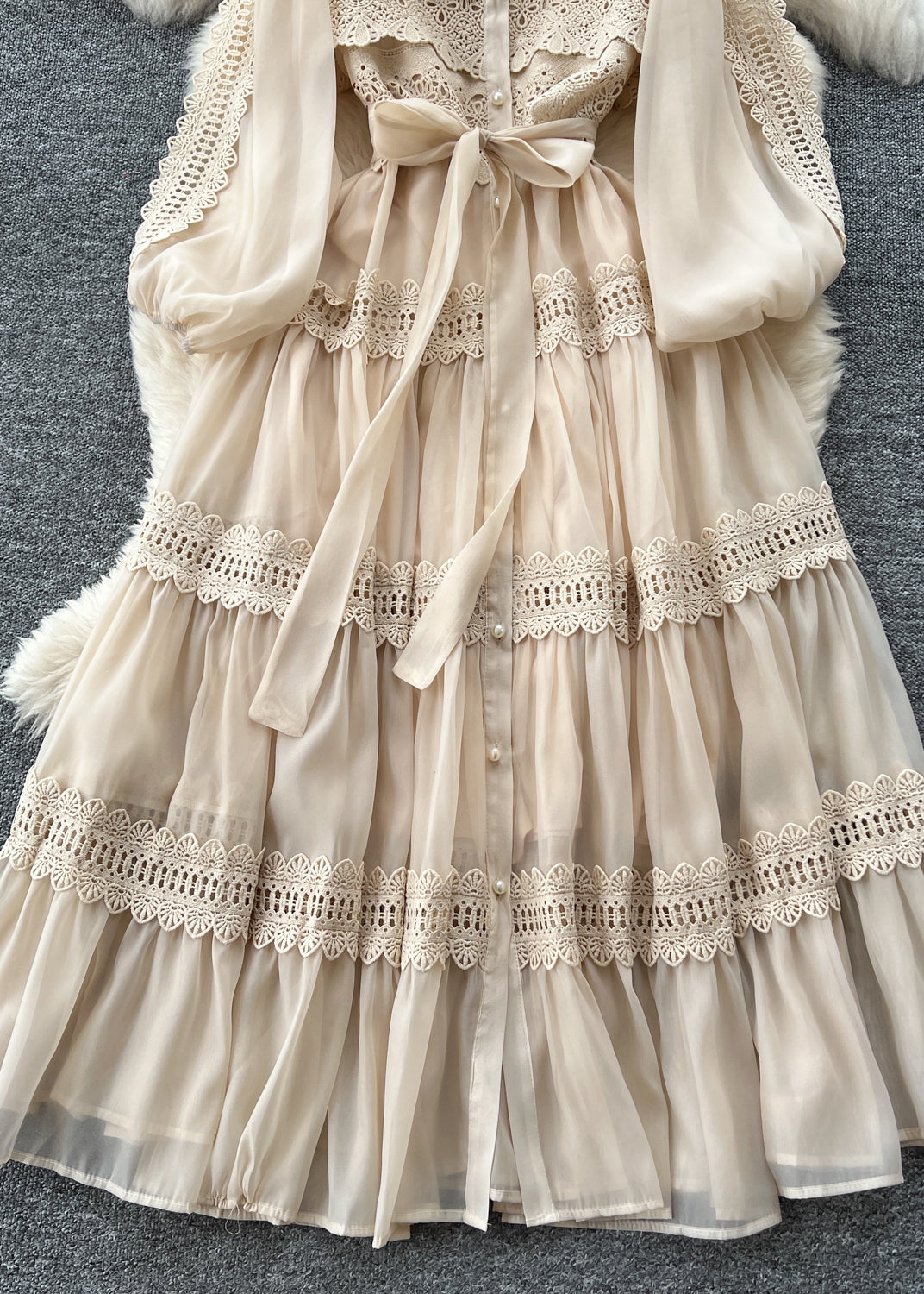 Chiffon Mock Neck Button Down Puff Sleeve Lace Tiered Tie Waist Maxi Dress
