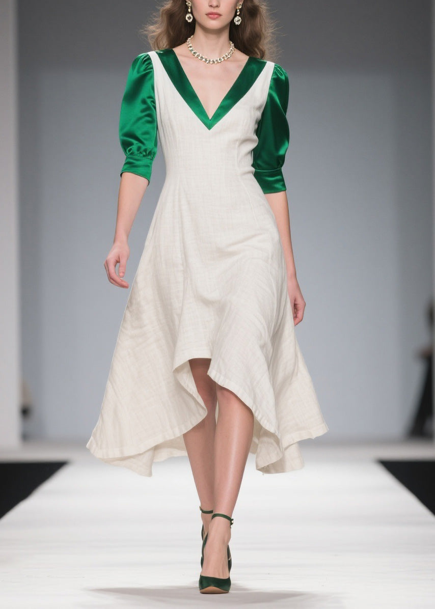 Deep V-Neck Puff Sleeve Satin Panel A-Line Asymmetrical Hem Midi Dress - View 3