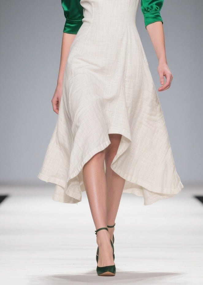 Deep V-Neck Puff Sleeve Satin Panel A-Line Asymmetrical Hem Midi Dress