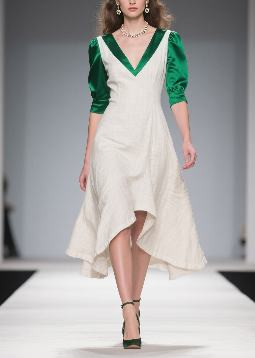 Deep V-Neck Puff Sleeve Satin Panel A-Line Asymmetrical Hem Midi Dress