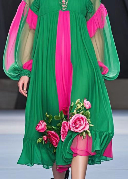 Colorblock Keyhole Lace Up Lantern Sleeve Floral Applique Midi Dress