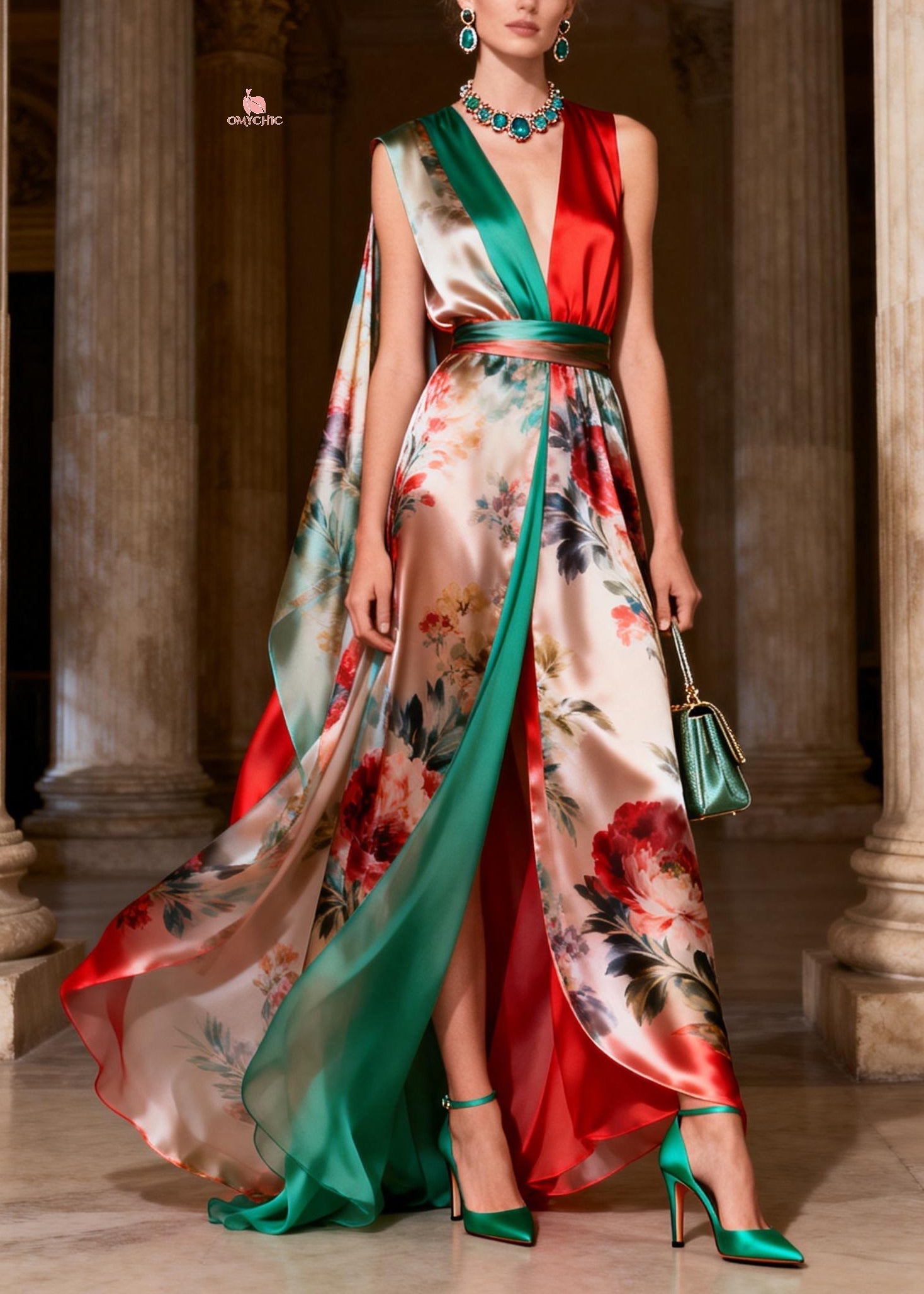 Floral Print Colorblock Deep V-Neck Sleeveless Cape Back High Split Maxi Gown
