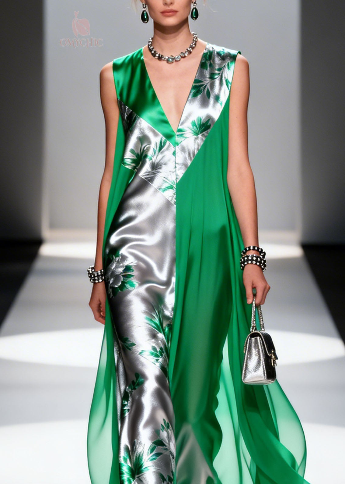 Floral Print Colorblock Deep V-Neck Metallic Paneled Sheer Drape Maxi Gown