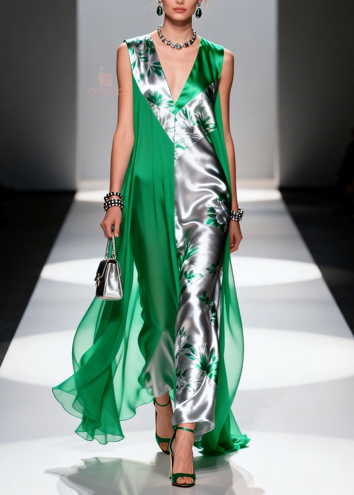 Floral Print Colorblock Deep V-Neck Metallic Paneled Sheer Drape Maxi Gown