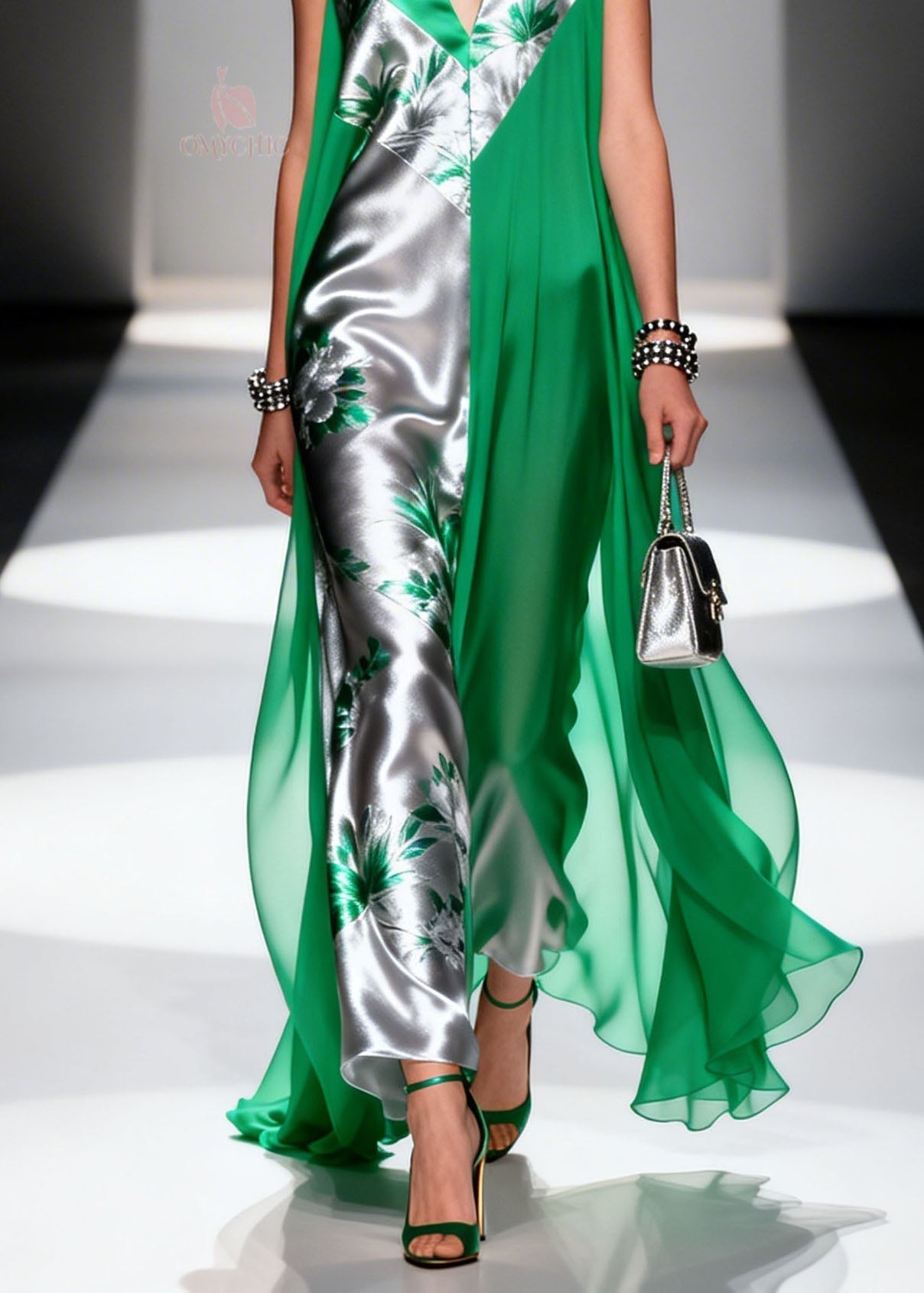 Floral Print Colorblock Deep V-Neck Metallic Paneled Sheer Drape Maxi Gown