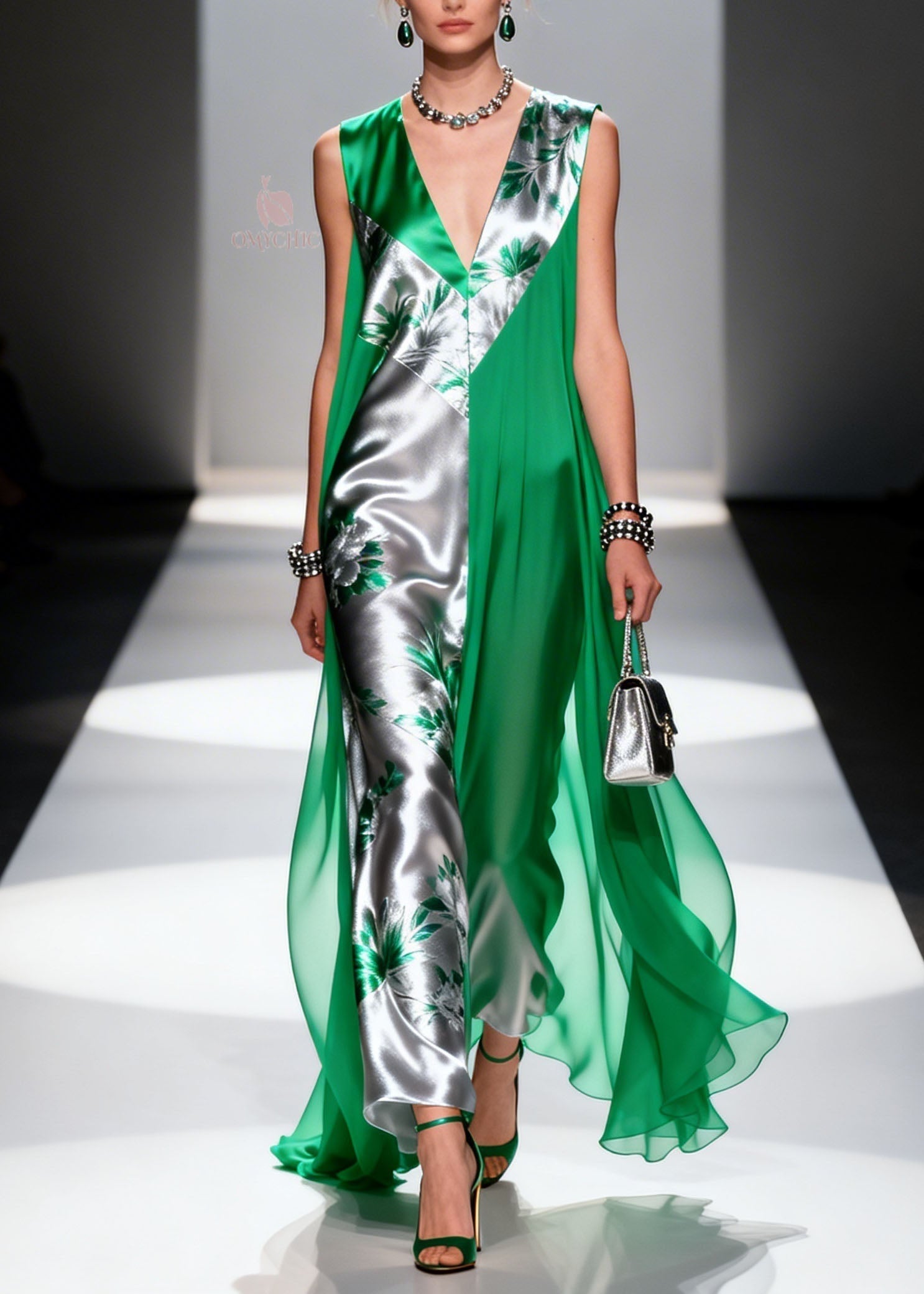 Floral Print Colorblock Deep V-Neck Metallic Paneled Sheer Drape Maxi Gown
