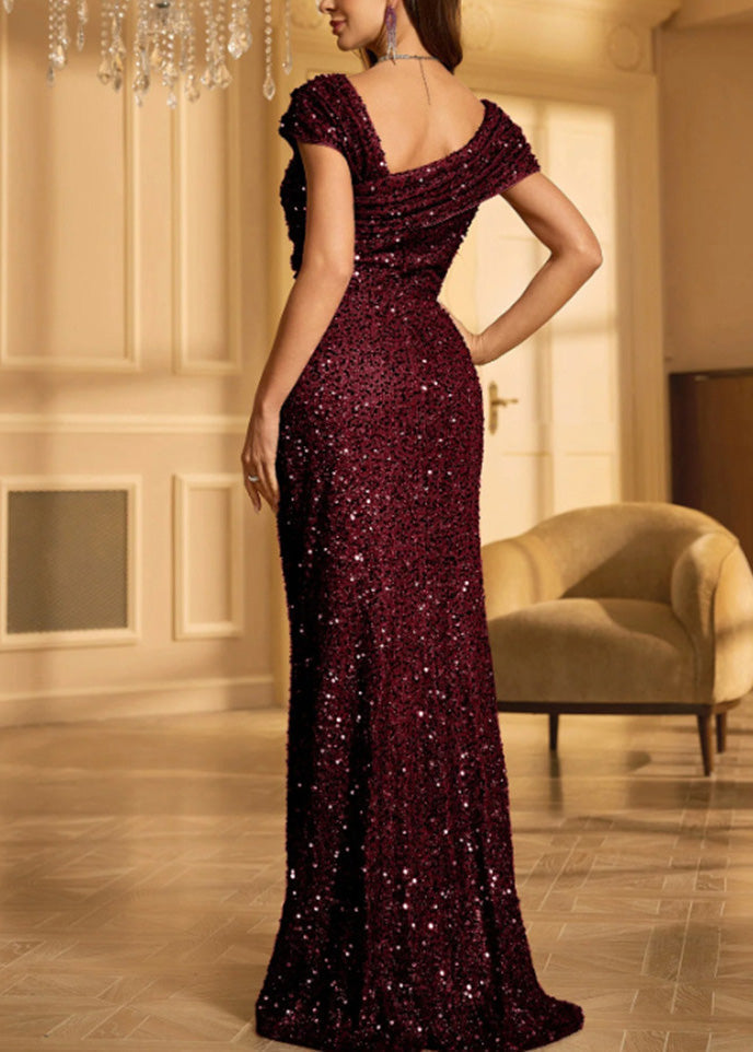 Sequin One Shoulder Cold Shoulder Ruched Waist Mermaid Maxi Gown