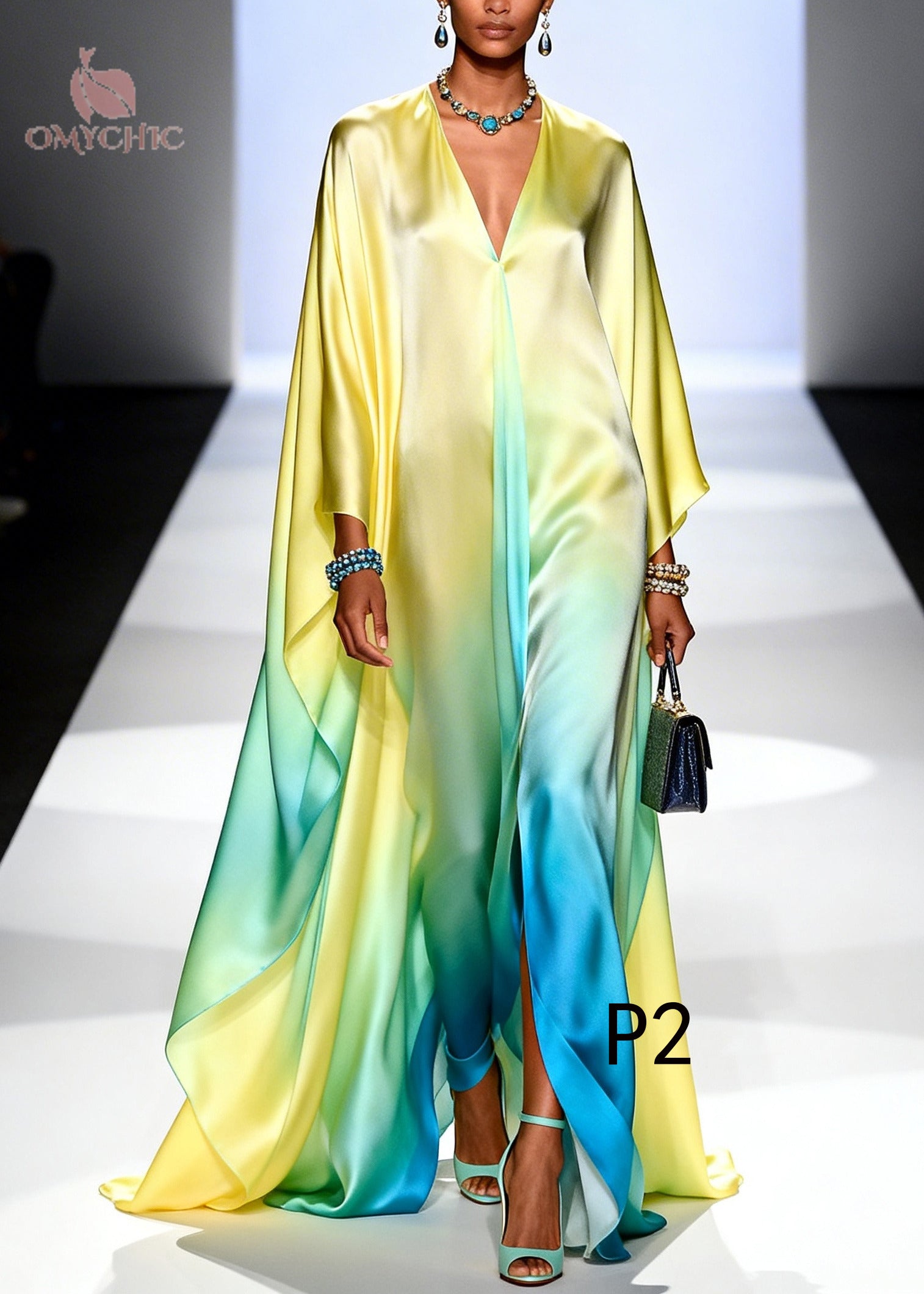Deep V-Neck Satin Cape Sleeve High Split Kaftan Maxi Dress
