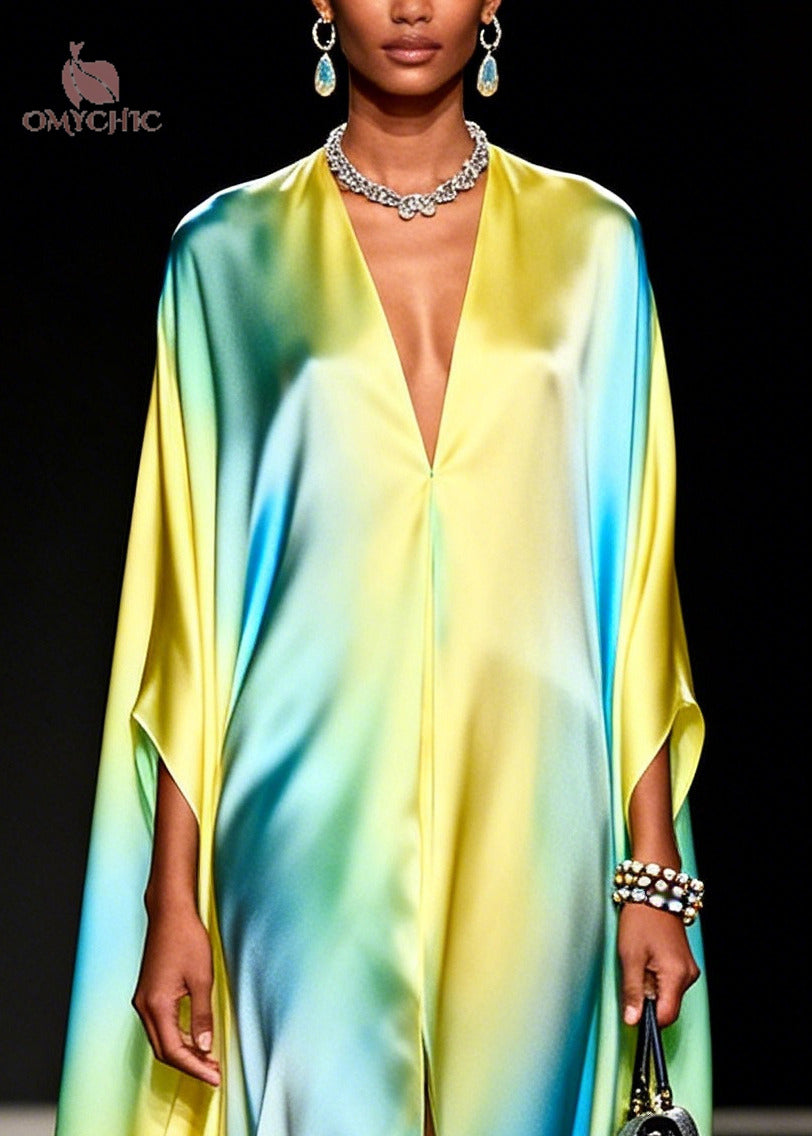 Deep V-Neck Satin Cape Sleeve High Split Kaftan Maxi Dress