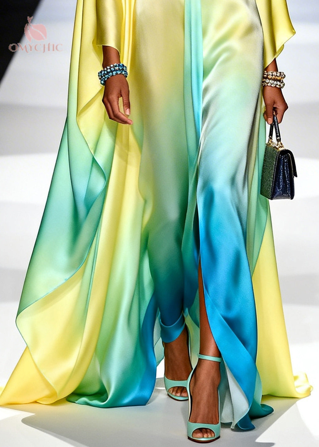 Deep V-Neck Satin Cape Sleeve High Split Kaftan Maxi Dress