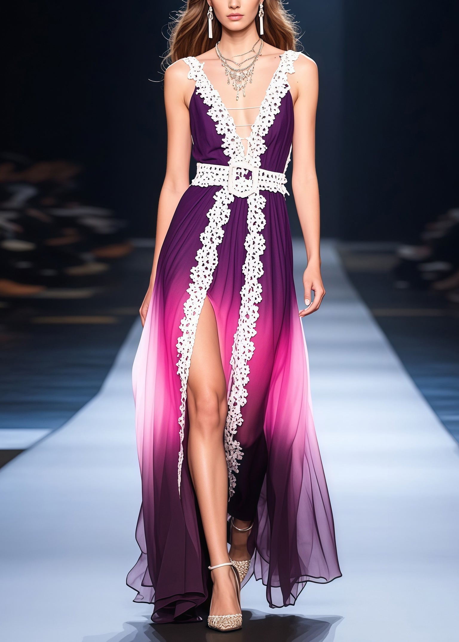 Spaghetti Strap Deep V-Neck Chiffon Lace Trim Pleated High Split Maxi Gown