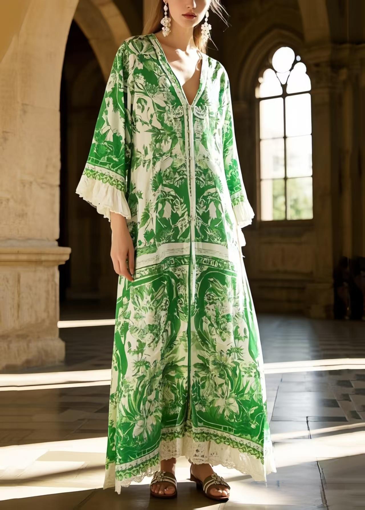 V-Neck Flare Sleeve Floral Print Lace Trim Chiffon Maxi Dress