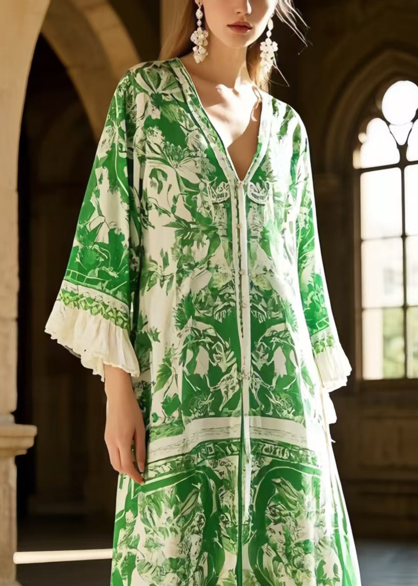 V-Neck Flare Sleeve Floral Print Lace Trim Chiffon Maxi Dress