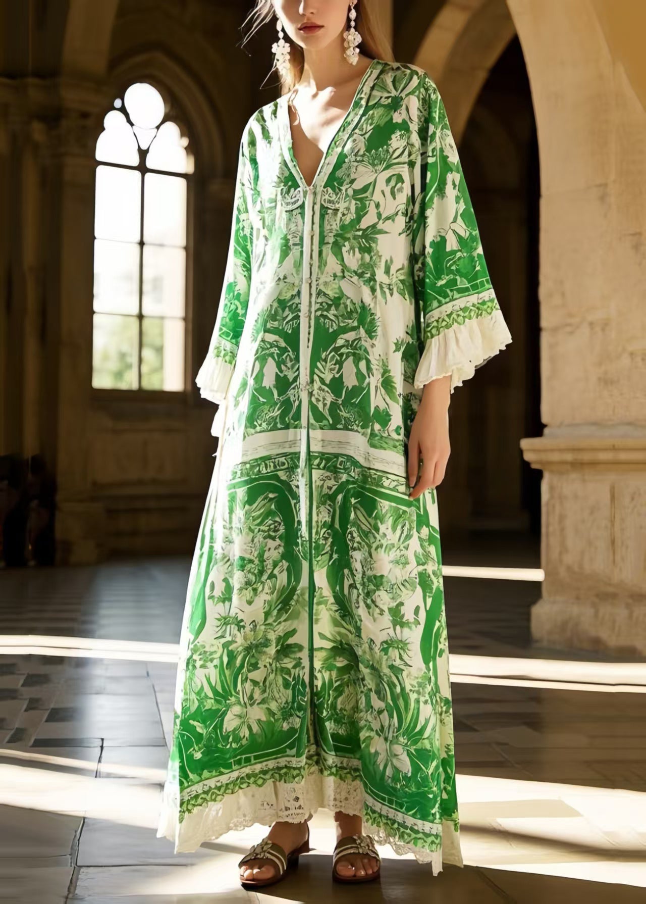 V-Neck Flare Sleeve Floral Print Lace Trim Chiffon Maxi Dress