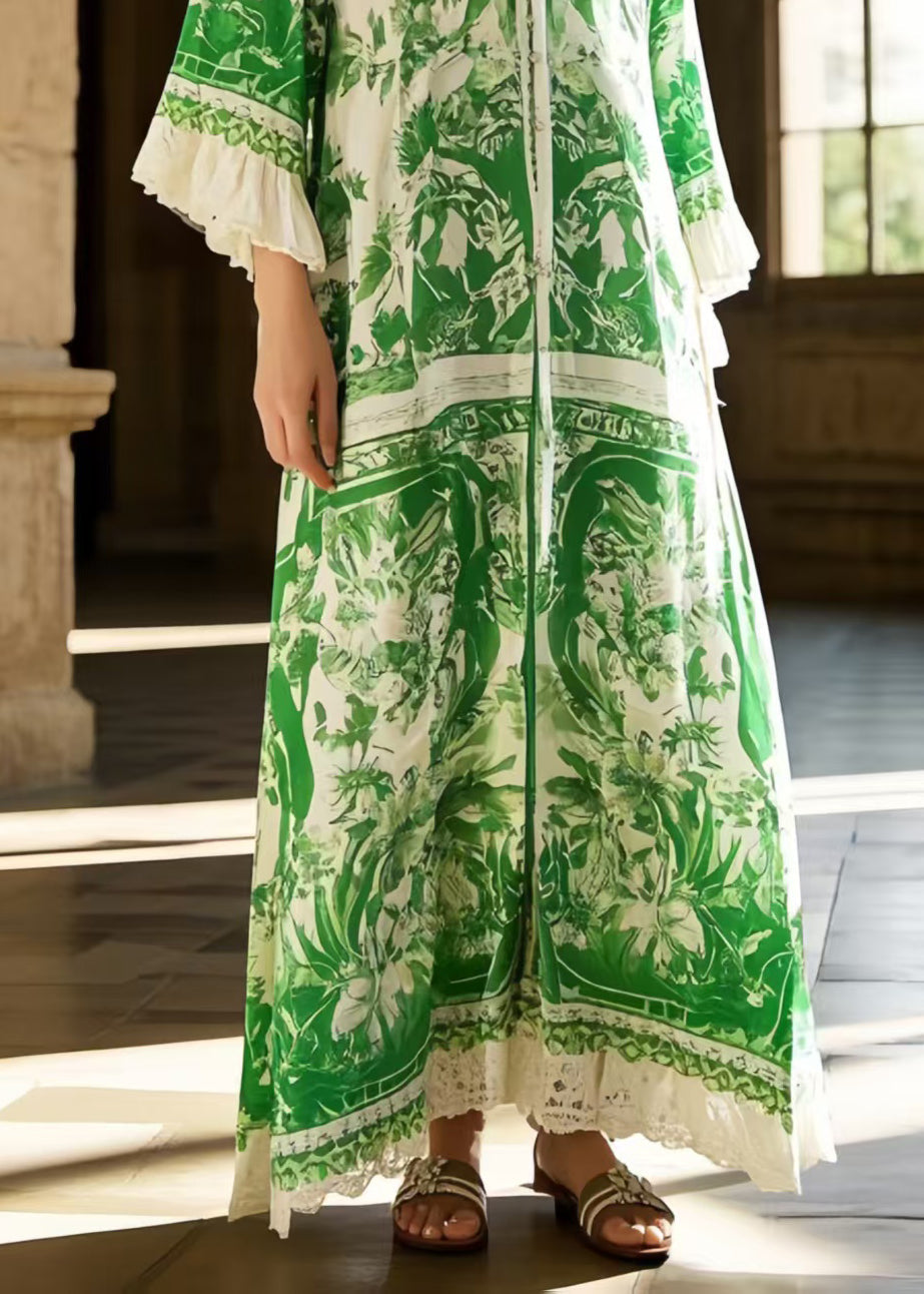V-Neck Flare Sleeve Floral Print Lace Trim Chiffon Maxi Dress