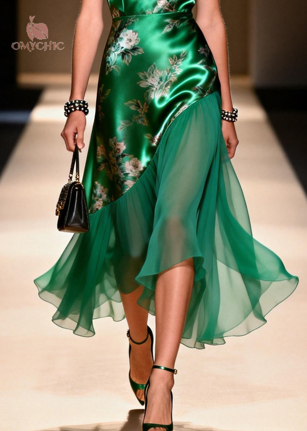 Floral Print Spaghetti Strap Deep V-Neck Satin Chiffon Ruffle Hem Midi Dress