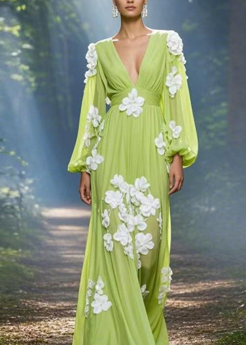 Classy Green V Neck Floral Decorated Chiffon Maxi Dress Spring 2