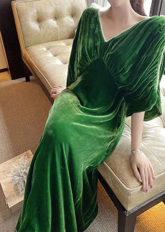 Velvet V-Neck Faux Pearl Trim Batwing Sleeve Ruched Waist Maxi Dress