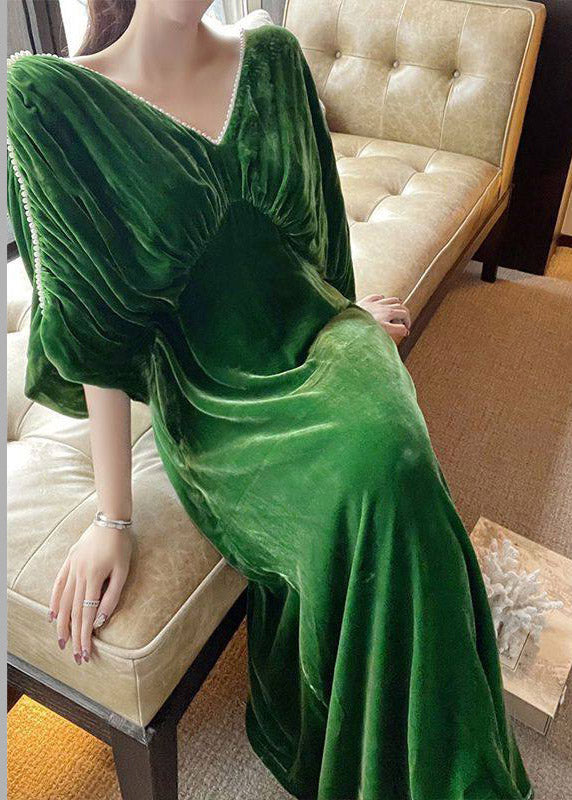Classy Green V Neck Nail Bead Patchwork Silk Velvet Maxi Dress Fall - View 3