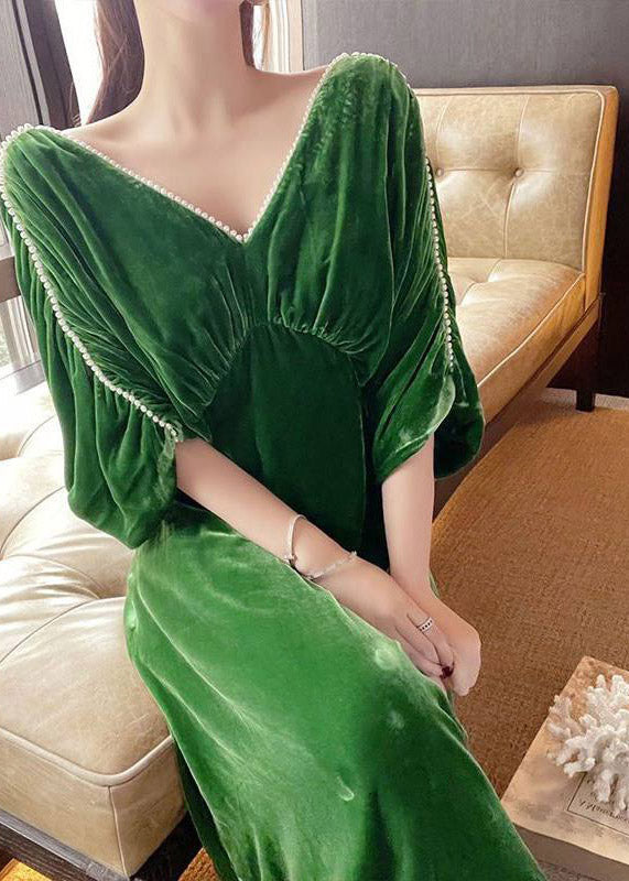 Classy Green V Neck Nail Bead Patchwork Silk Velvet Maxi Dress Fall - View 4