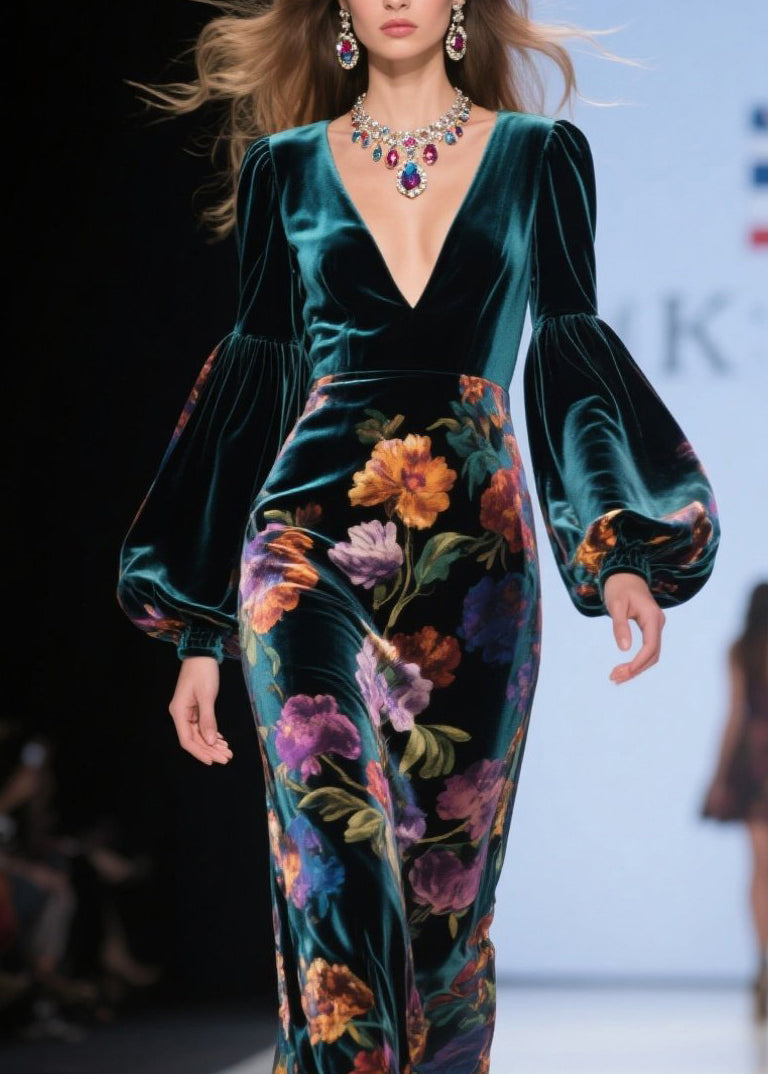 Velvet Floral Bishop Sleeve Deep V-Neck Column Maxi Gown