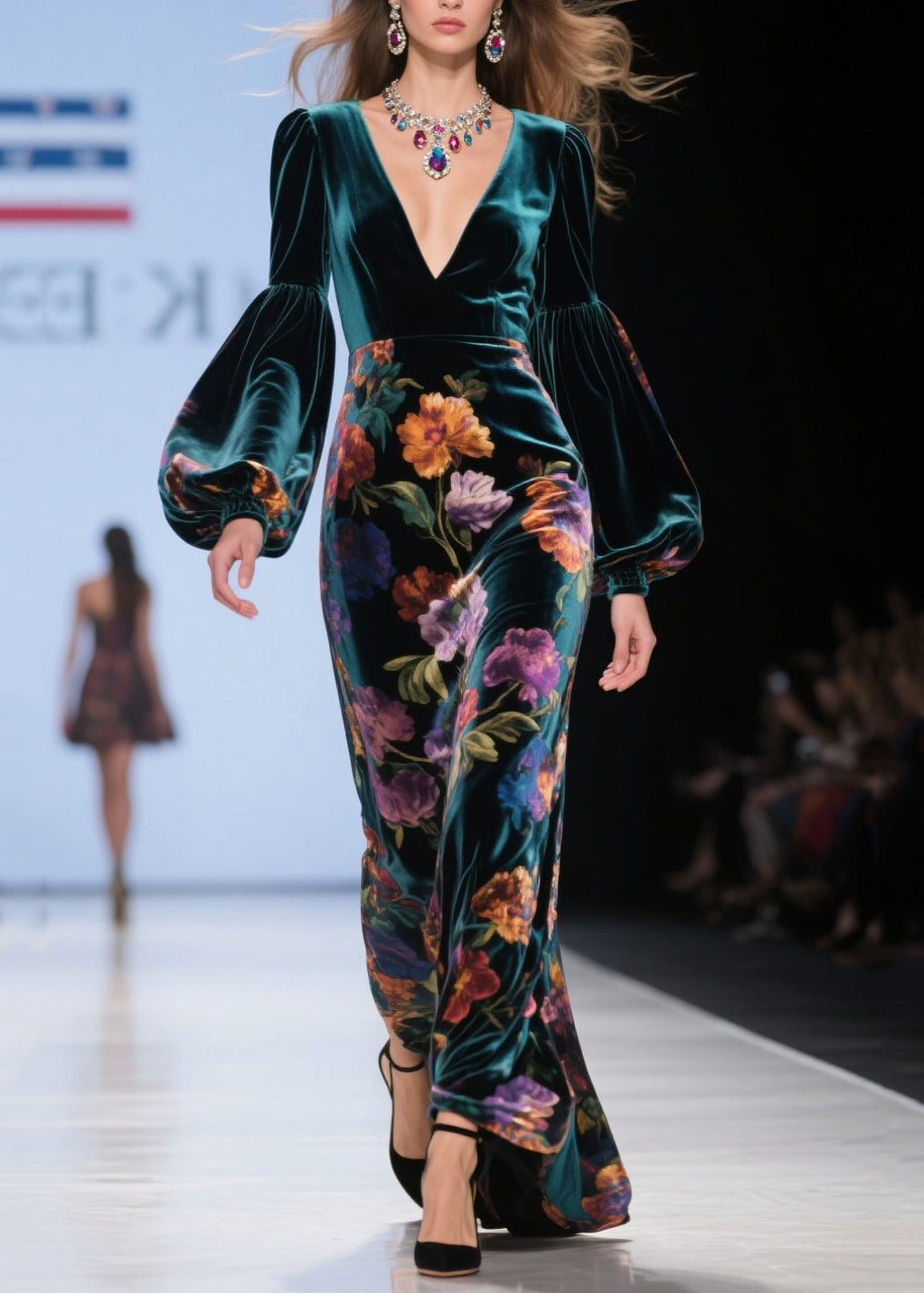 Velvet Floral Bishop Sleeve Deep V-Neck Column Maxi Gown
