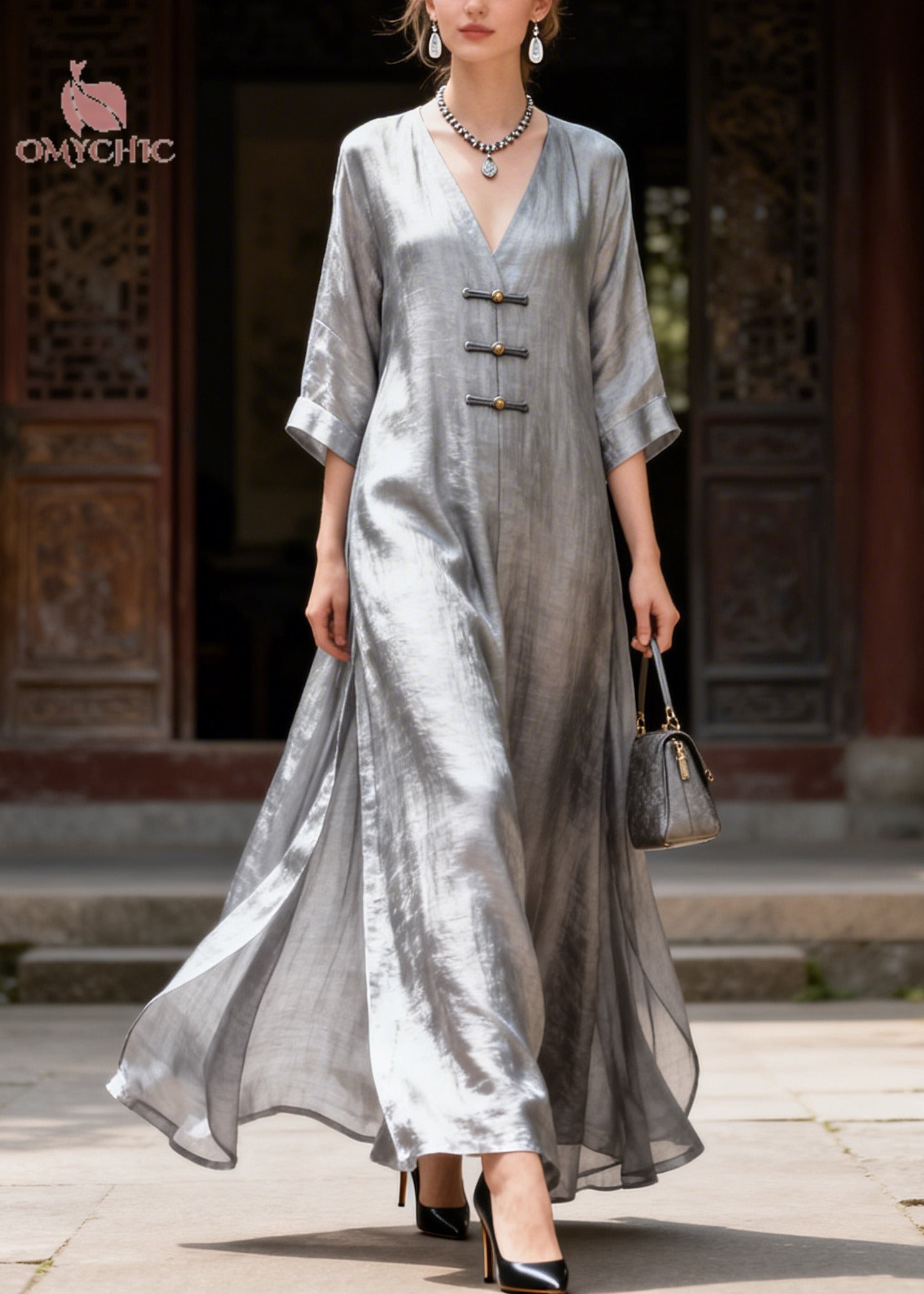 Satin Deep V-Neck Frog Button Three Quarter Sleeve Wide Leg Jumpsuit