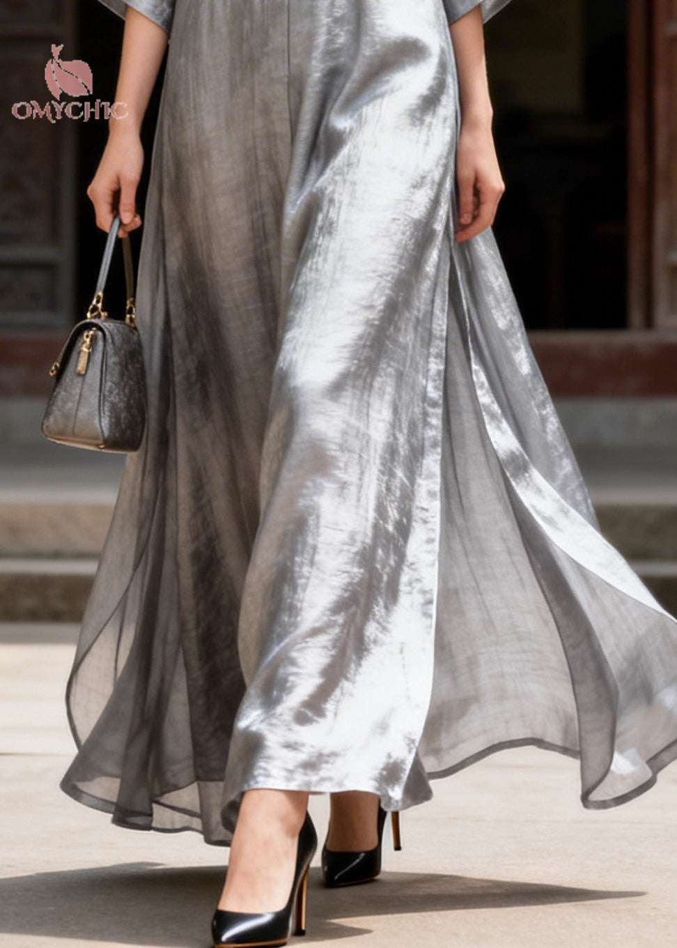Satin Deep V-Neck Frog Button Three Quarter Sleeve Wide Leg Jumpsuit
