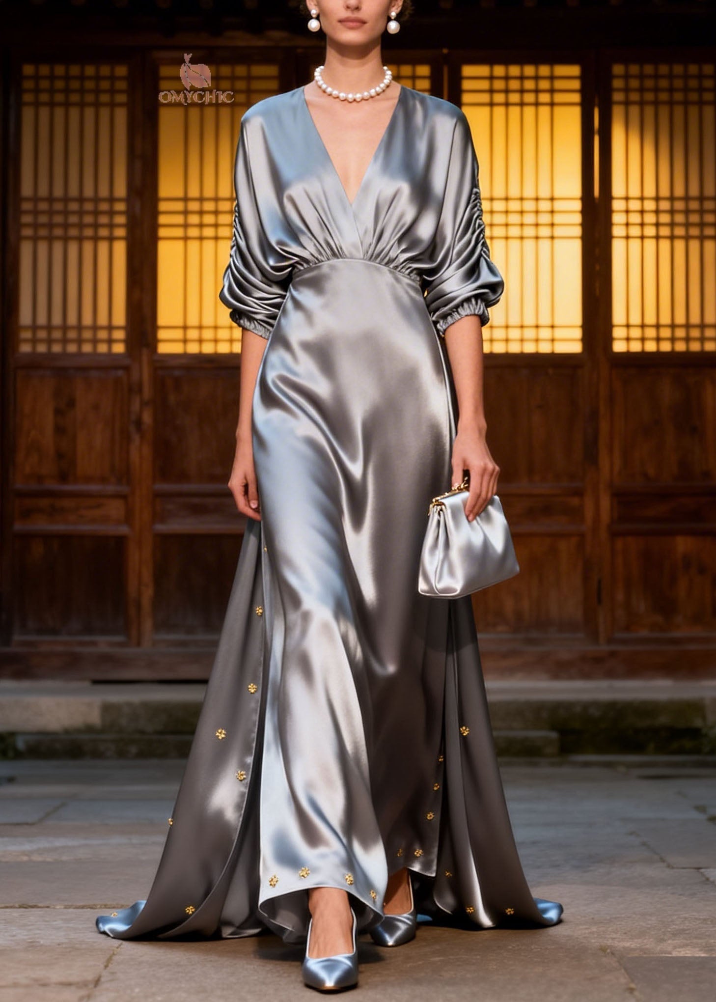 Satin Deep V-Neck Ruched Puff Sleeve Empire Waist Metallic Stud Maxi Gown