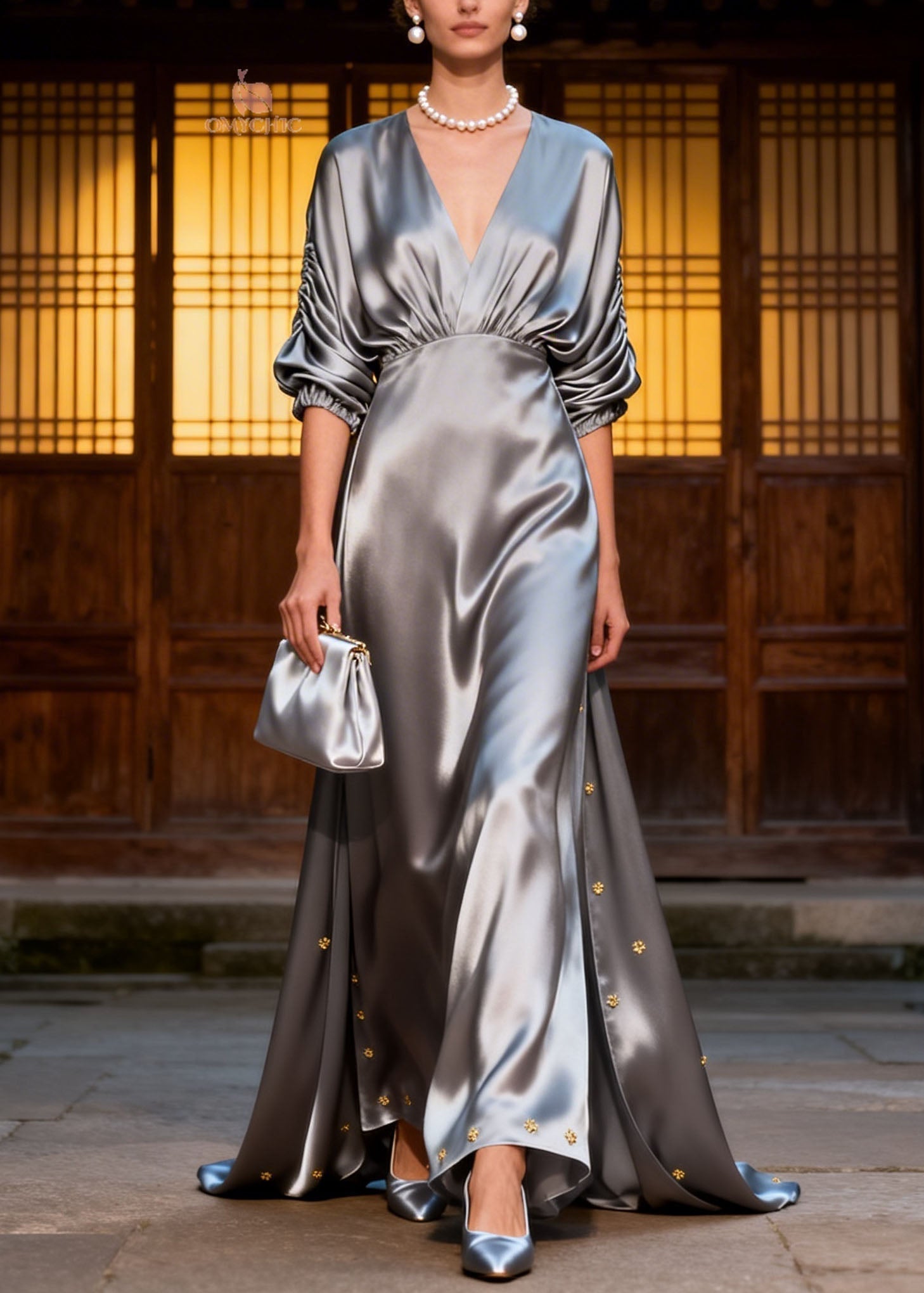 Satin Deep V-Neck Ruched Puff Sleeve Empire Waist Metallic Stud Maxi Gown
