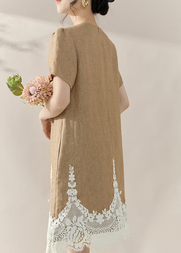 Linen Look Crew Neck Short Puff Sleeve Scalloped Lace Hem Mini Dress