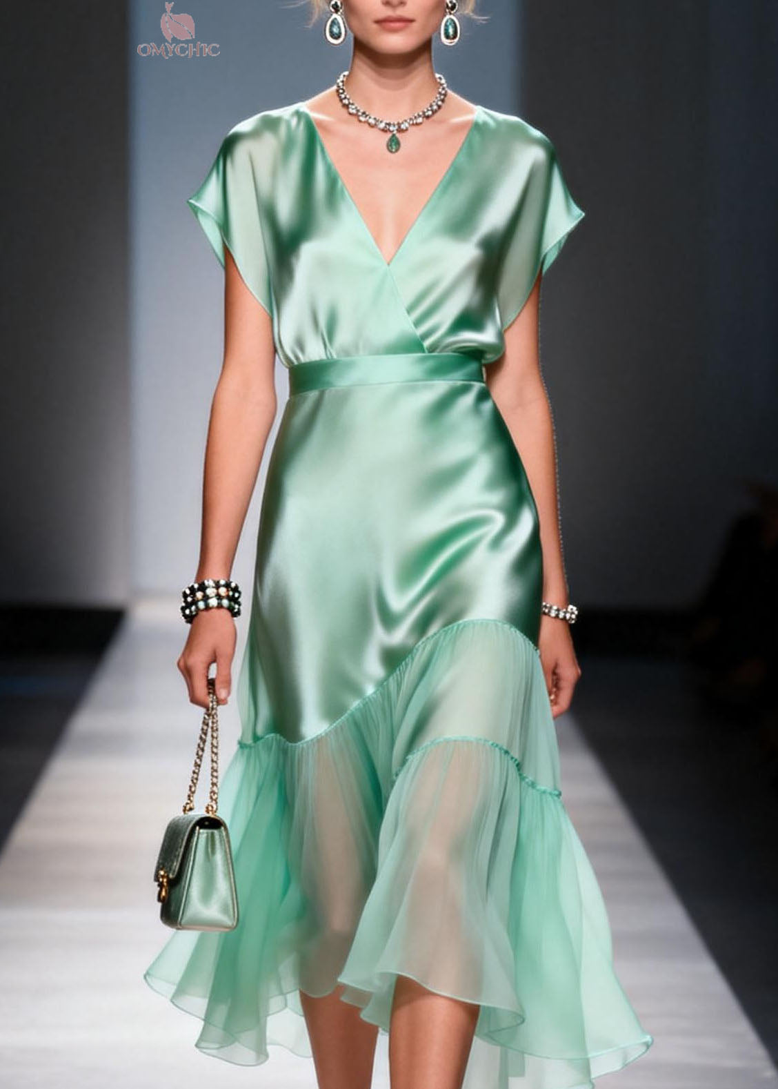 Cap Sleeve V-Neck Wrap Satin Tiered Chiffon Ruffle Midi Dress