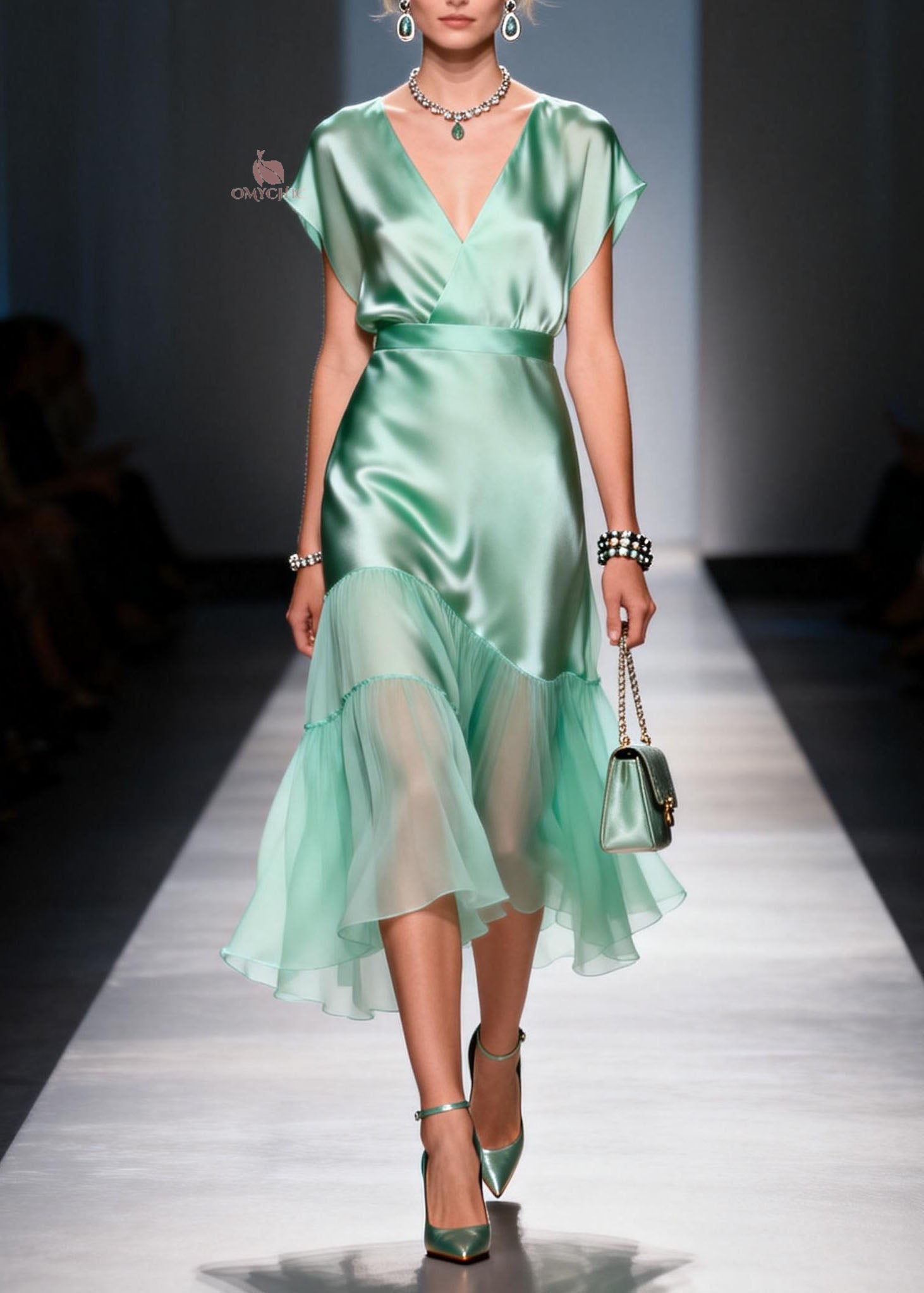 Cap Sleeve V-Neck Wrap Satin Tiered Chiffon Ruffle Midi Dress