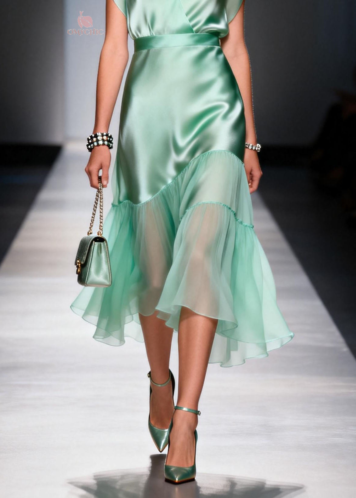 Cap Sleeve V-Neck Wrap Satin Tiered Chiffon Ruffle Midi Dress