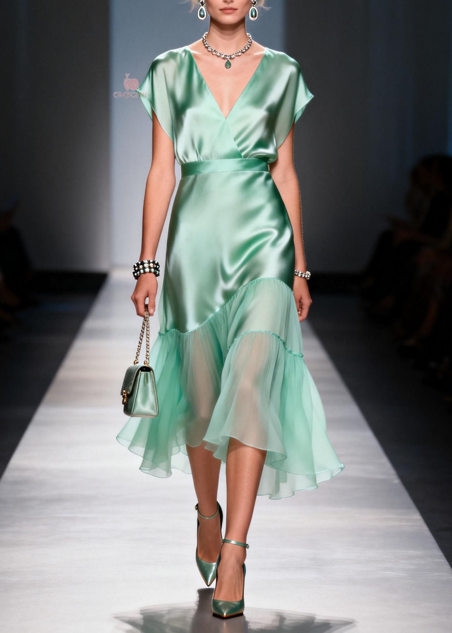 Cap Sleeve V-Neck Wrap Satin Tiered Chiffon Ruffle Midi Dress