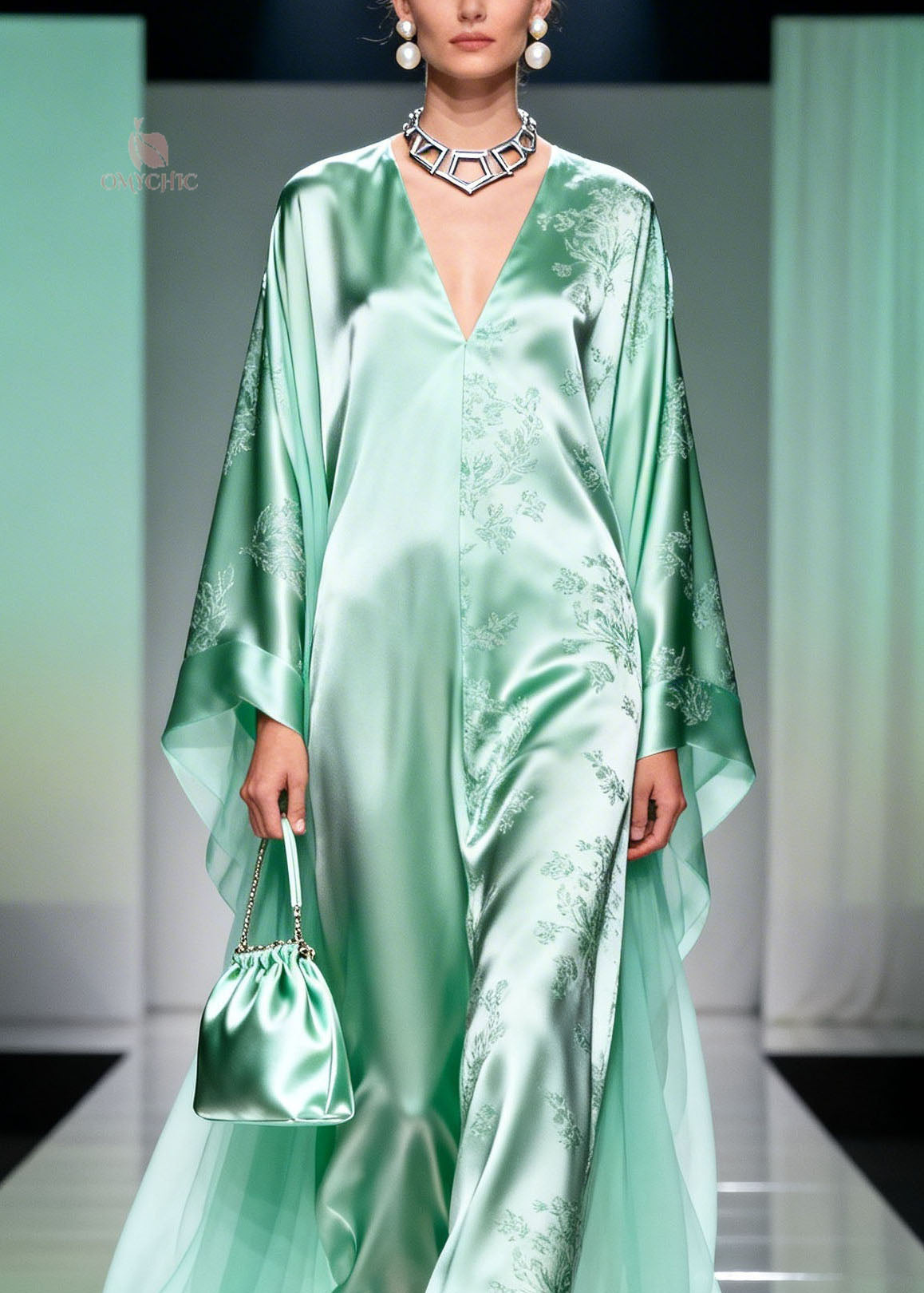 Floral Print Satin Deep V-Neck Chiffon Cape Sleeve Kaftan Maxi Gown