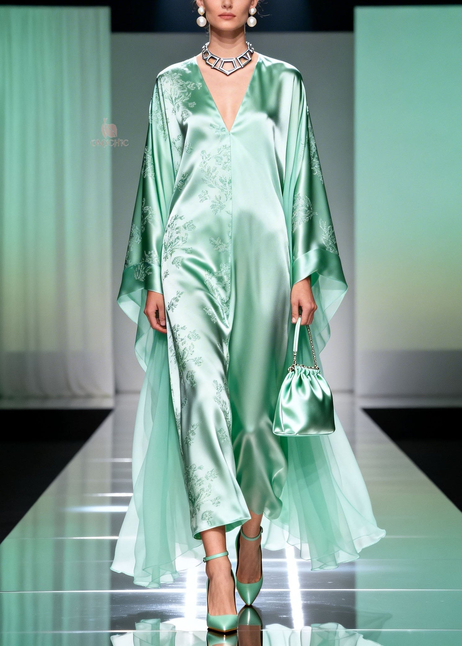 Floral Print Satin Deep V-Neck Chiffon Cape Sleeve Kaftan Maxi Gown