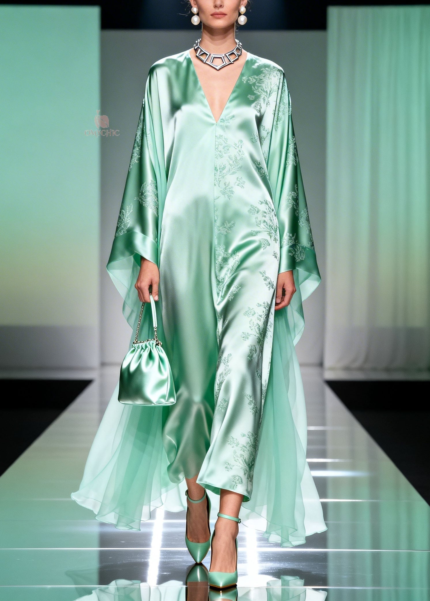 Floral Print Satin Deep V-Neck Chiffon Cape Sleeve Kaftan Maxi Gown
