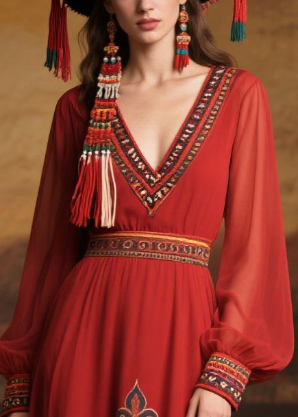 Chiffon Deep V-Neck Embroidered Cuff Long Sleeve Folk Print Maxi Dress