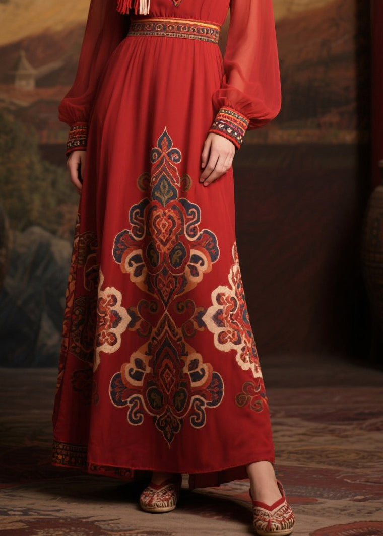 Chiffon Deep V-Neck Embroidered Cuff Long Sleeve Folk Print Maxi Dress