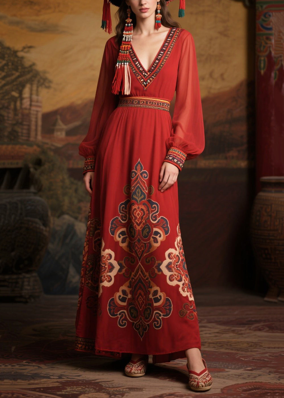 Chiffon Deep V-Neck Embroidered Cuff Long Sleeve Folk Print Maxi Dress