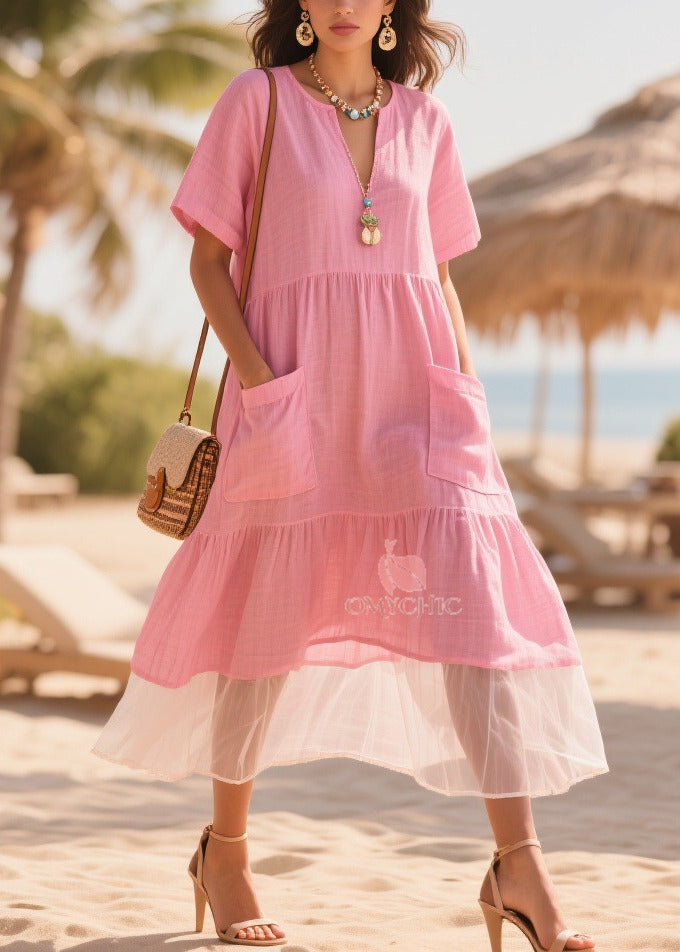 Classy Pink Oversized Patchwork Tulle Cotton Maxi Dresses Summer 5