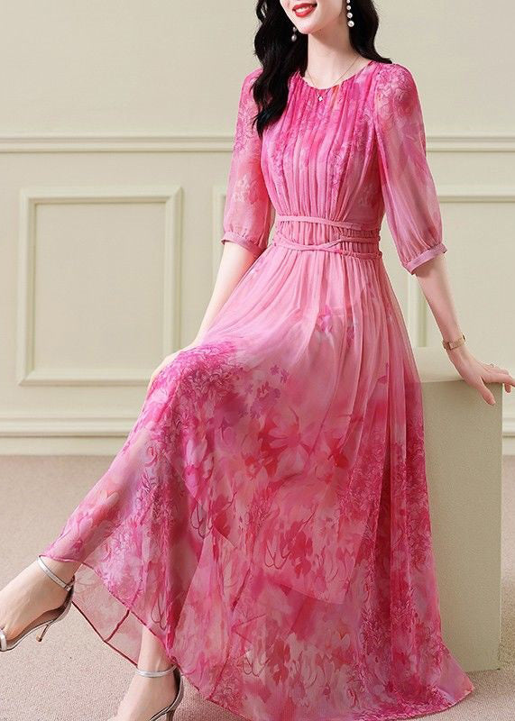 Classy Pink Print Wrinkled Tie Waist Chiffon Maxi Dresses Half Sleeve - View 2