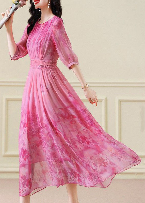 Classy Pink Print Wrinkled Tie Waist Chiffon Maxi Dresses Half Sleeve - View 3