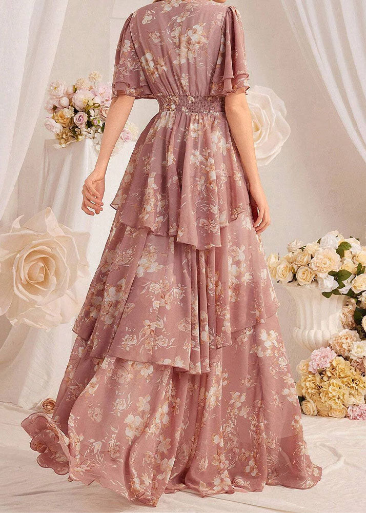 Classy Pink Ruffled Print Chiffon Long Dresses Summer - View 3