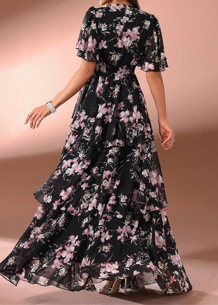 Classy Pink Ruffled Print Chiffon Long Dresses Summer - View 4