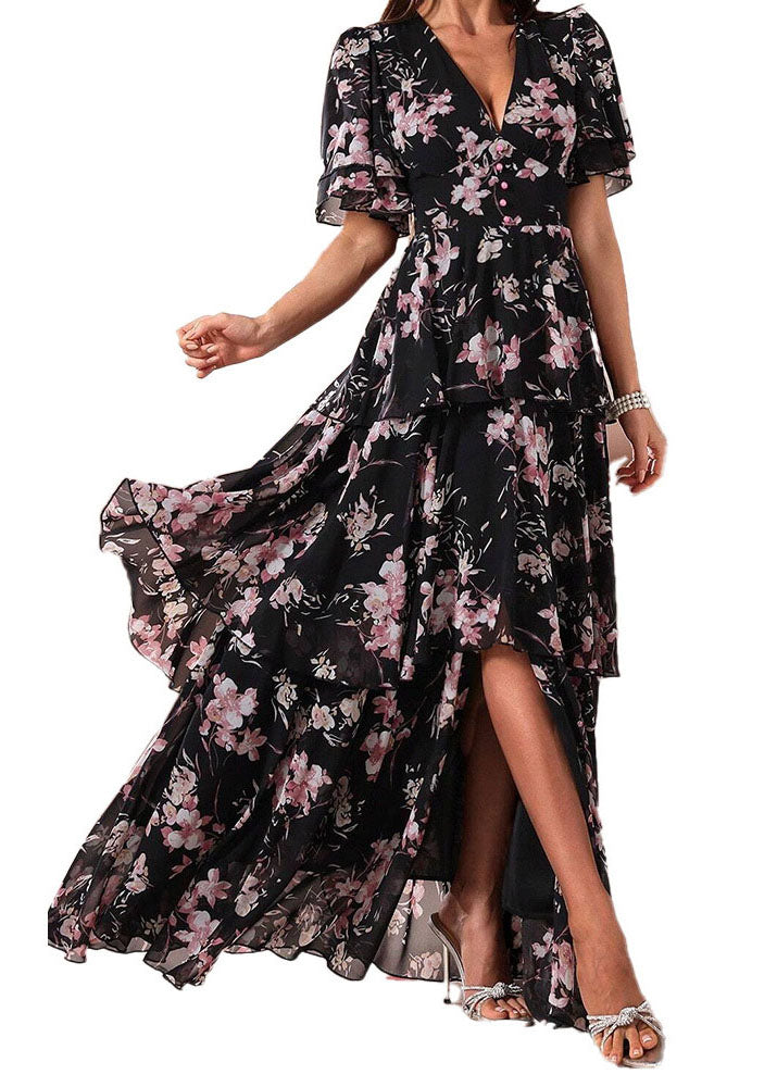 Classy Pink Ruffled Print Chiffon Long Dresses Summer - View 5